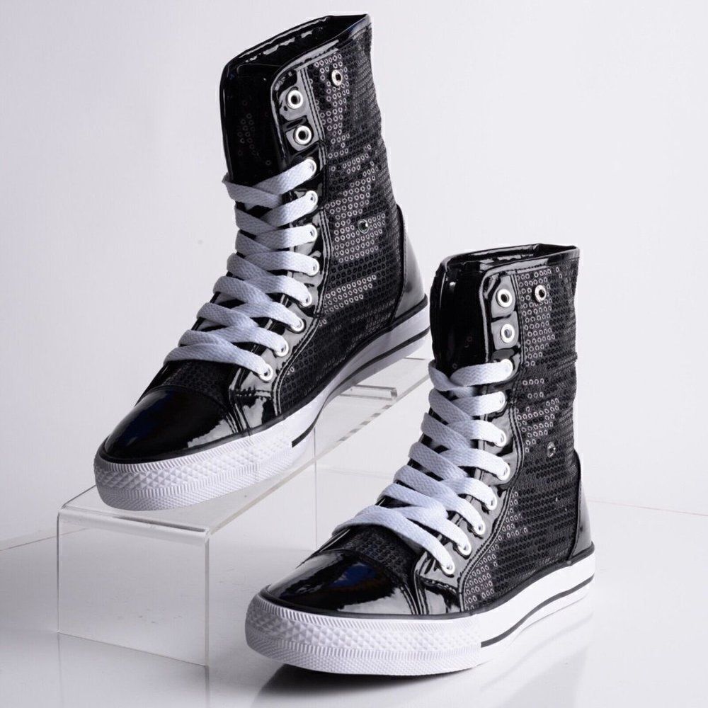 Double Platinum Womens Black Destiny High Top Sequin Sneaker Shoes US 8.5 New